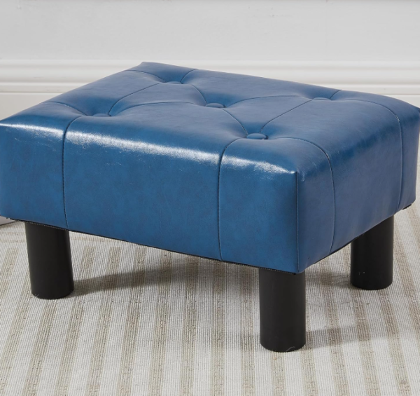 Blue Faux Leather Rectangular Ottoman, Suitable For Living Room And Entryway
